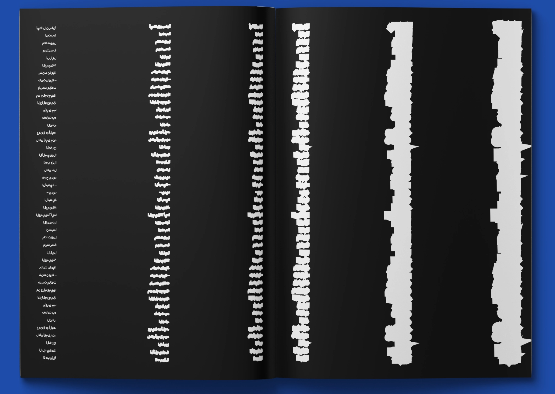 A black magazine double-page language overview spread with white typography 