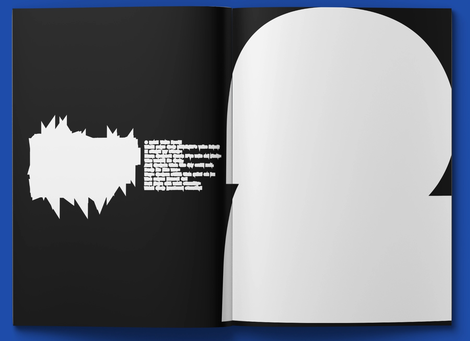 A black magazine double-page spread with white typography and extreme contour lines