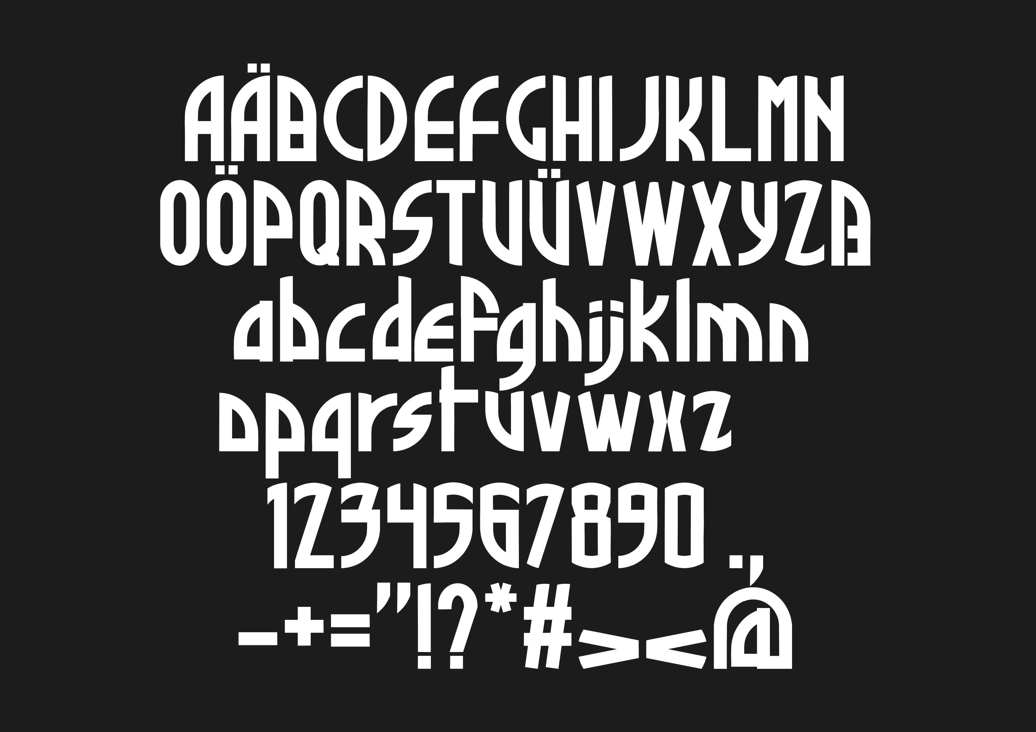 An overview of the alphabet, numbers and special characters of the Tatata font
